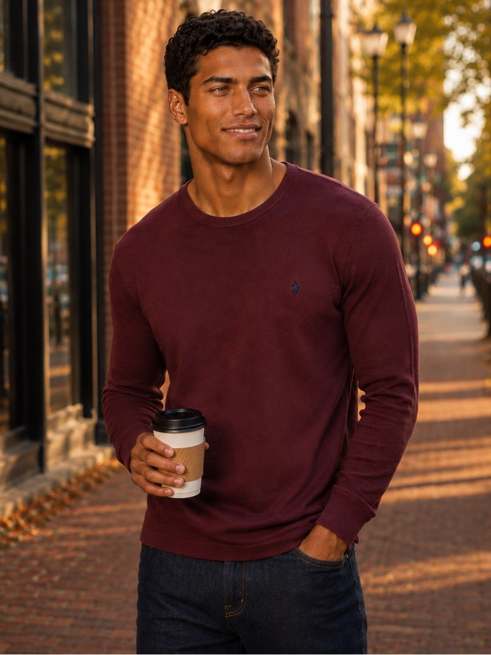 Polo Ralph Lauren Waffle Knit Thermal Shirt Maroon Navy Pony Logo L - Picture 5 of 10